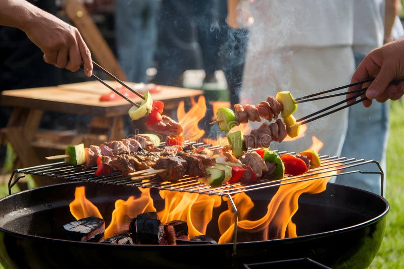 باربیکیو آجری در فضای باز با نور طبیعی و سایبان مناسب