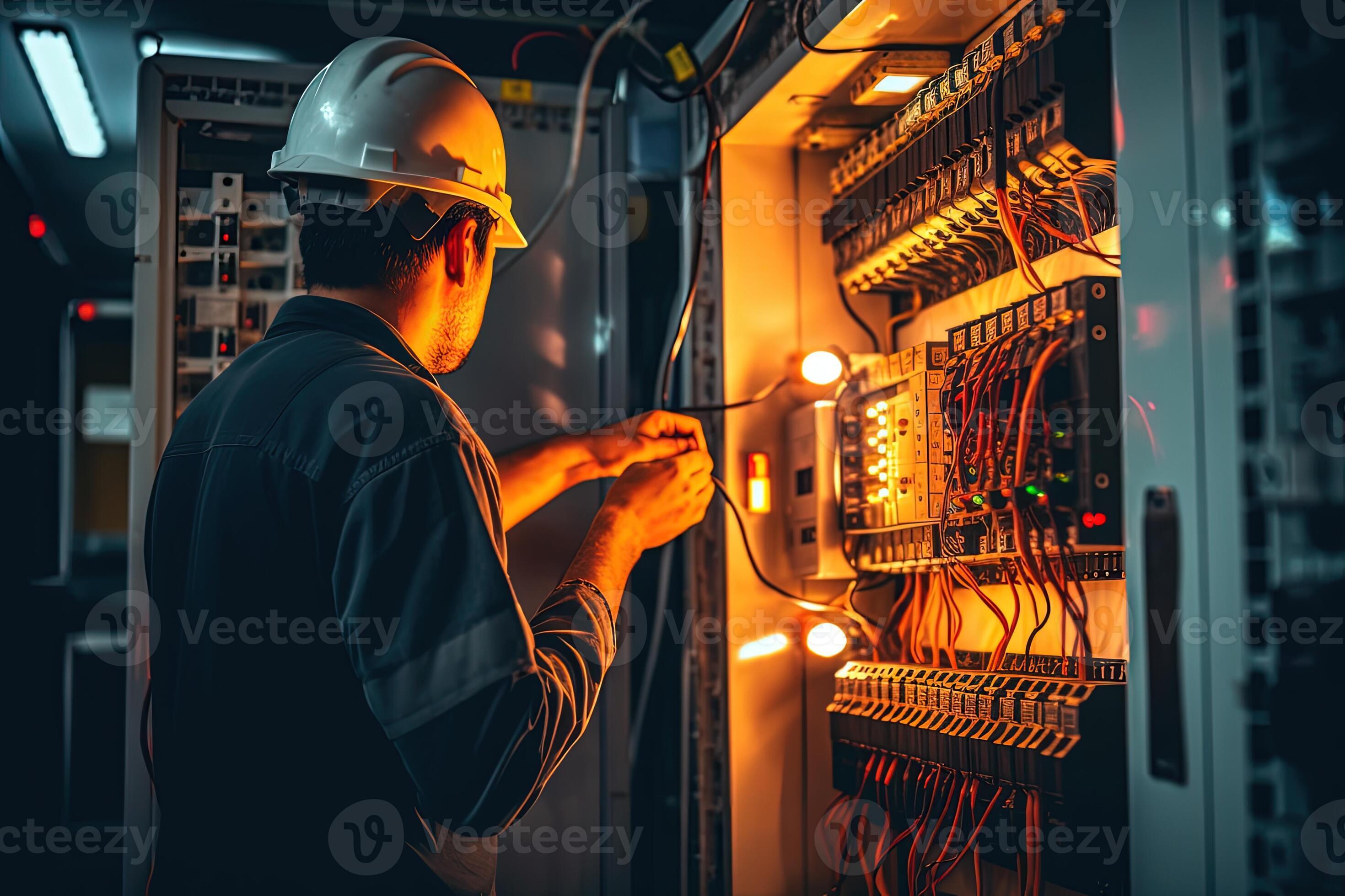 مهندس برق در حال بررسی جریان الکتریکی در مدار حفاظتی و کابلکشی